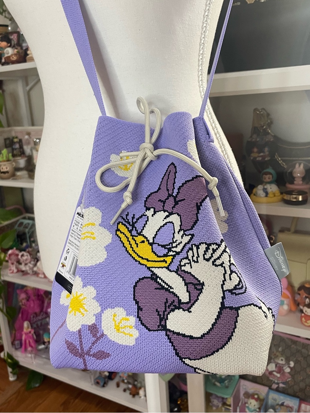 Disney Daisy Duck Floral Knit Bucket Shoulder Bag NWT